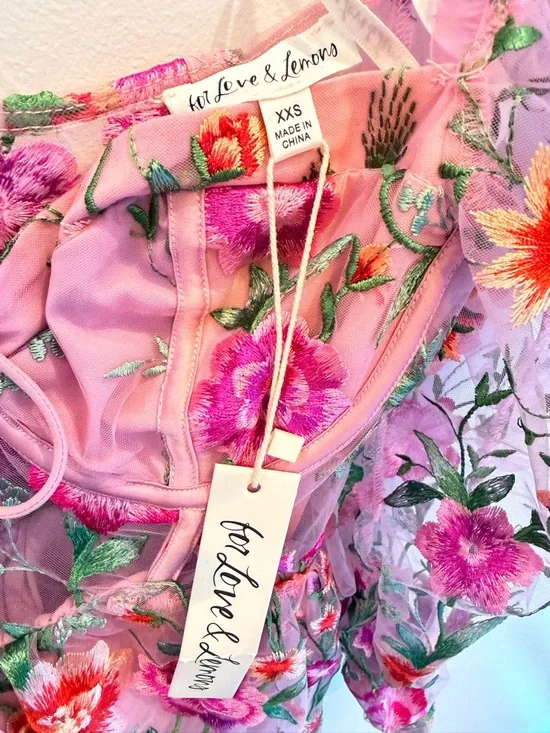 For Love & Lemons Pink Floral Embroidered Puff-Sleeve Mini Dress - Picture 6 of 6